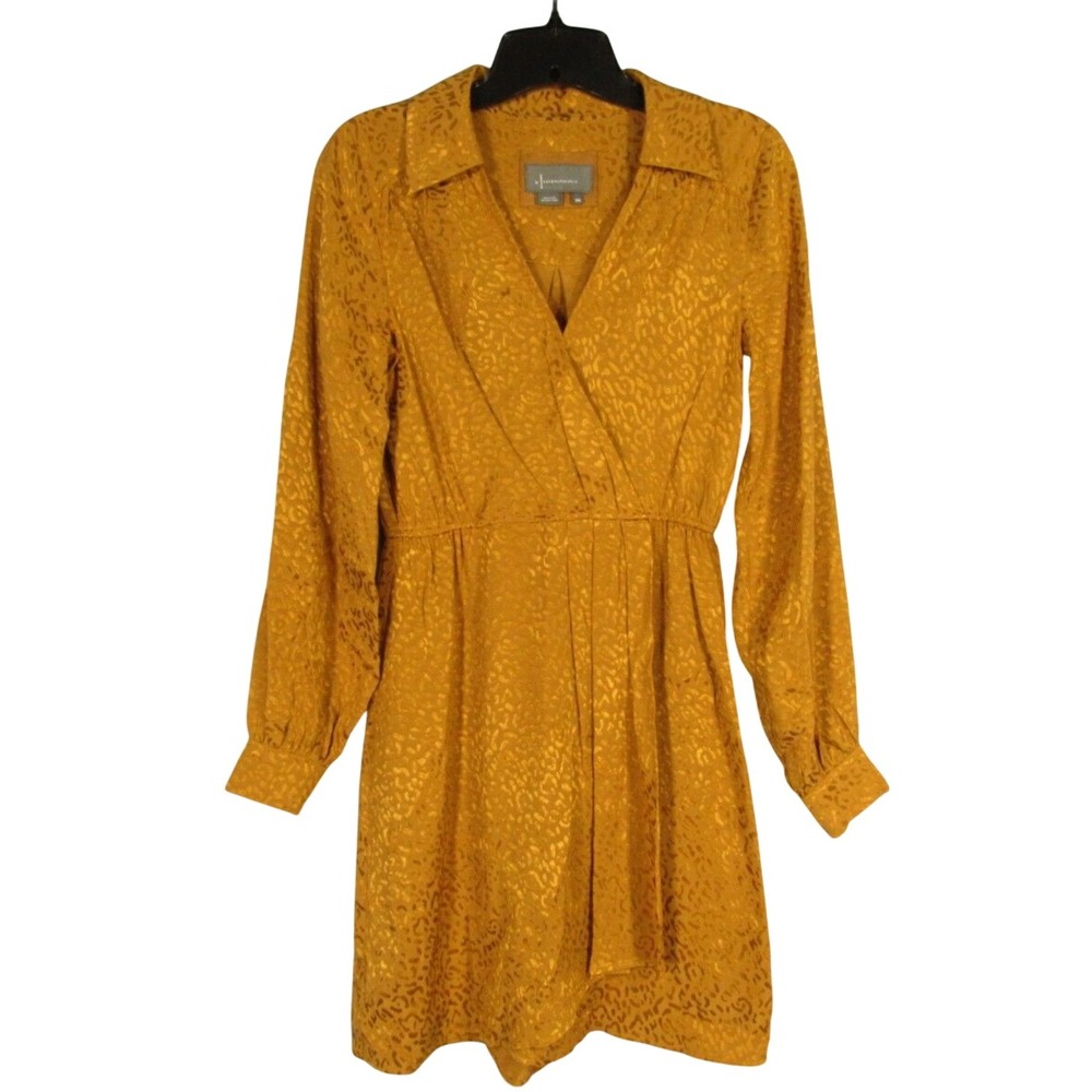 by ANTHROPOLOGIE Gold/Metallic LEOPARD PRINT Twill SURPLICE Blouson Dress Sz XXS